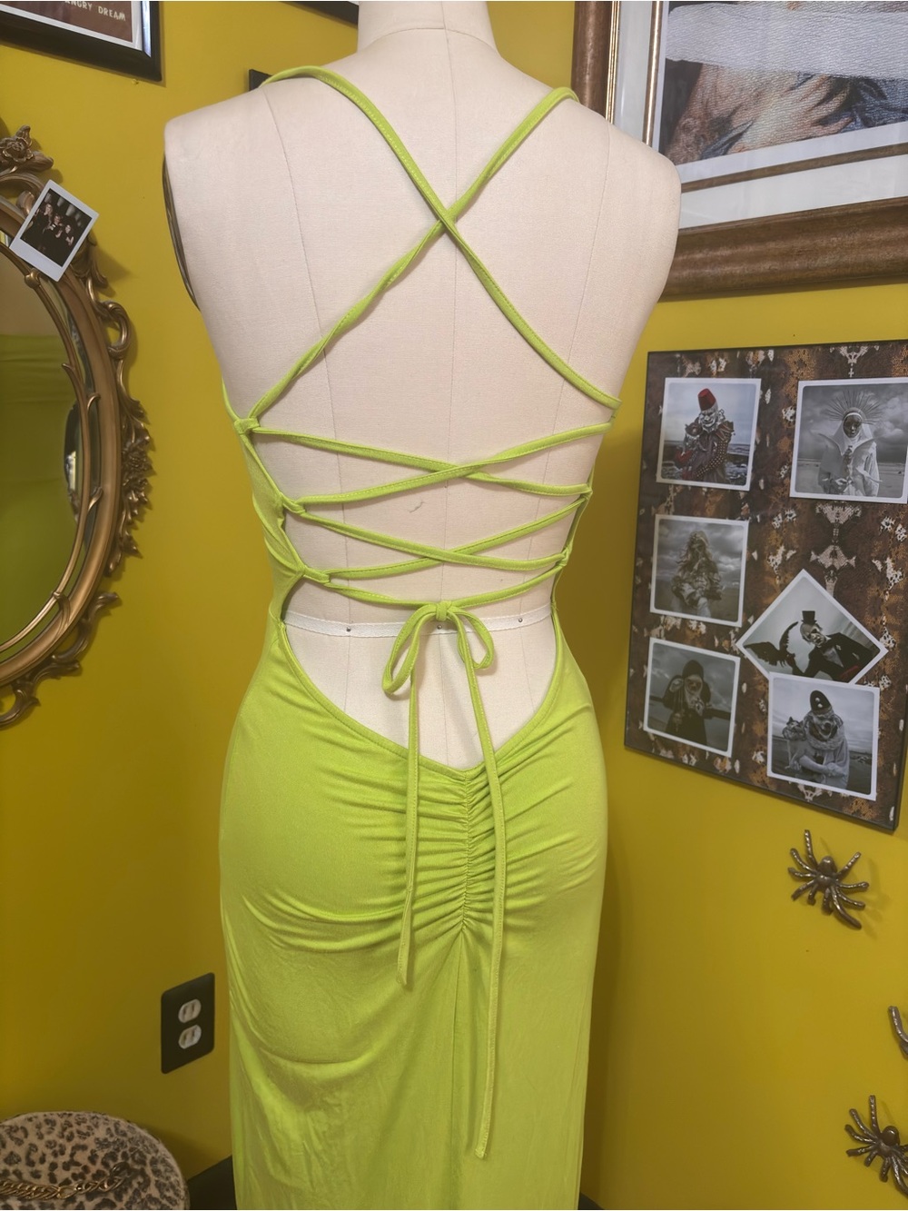Lime Green Knit Lace Up Backless Maxi Dress Small